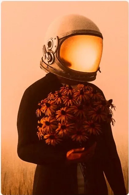 Portrait in a vintage space helmet holding flowers