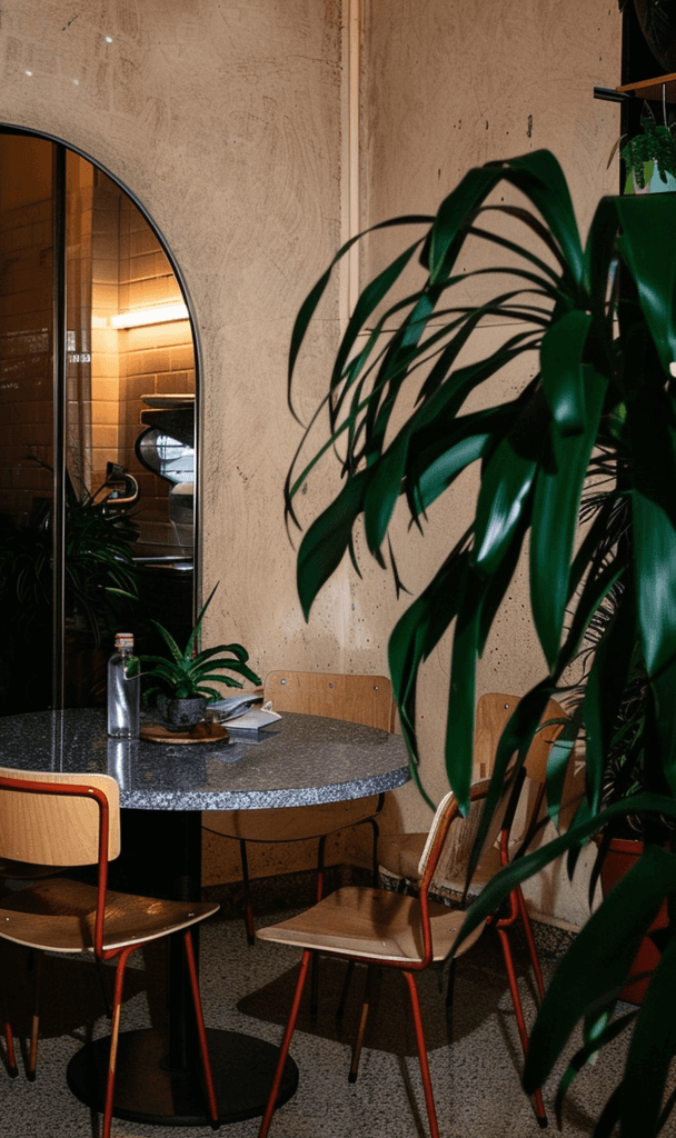 Cozy cafe corner with a round terrazzo table surrounded by wooden chairs, decorated with potted plants and a large mirror reflecting warm light.