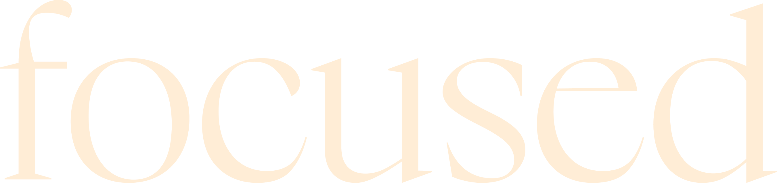 The word 'focused' in a large, serif font with a pale peach color on a transparent background.