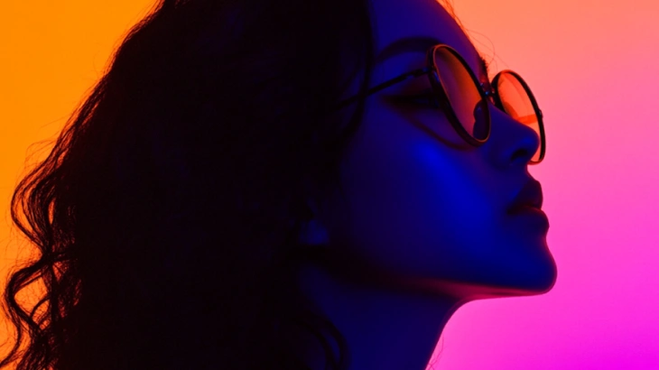 Profile of a person wearing round glasses with face illuminated by blue and orange-pink lighting.