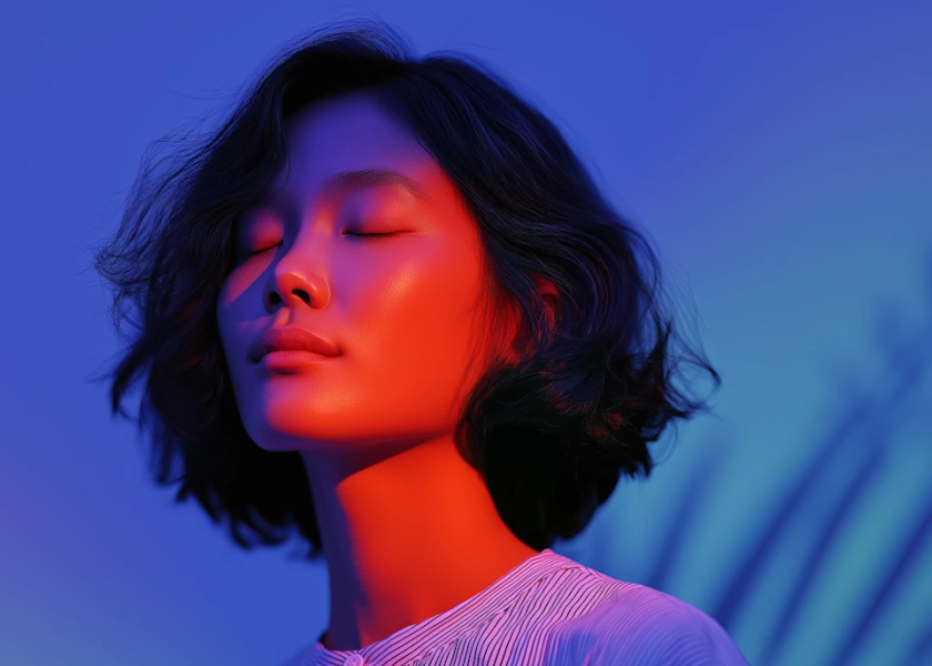 Woman with short wavy hair and closed eyes illuminated by contrasting orange and blue lighting, wearing a striped top.