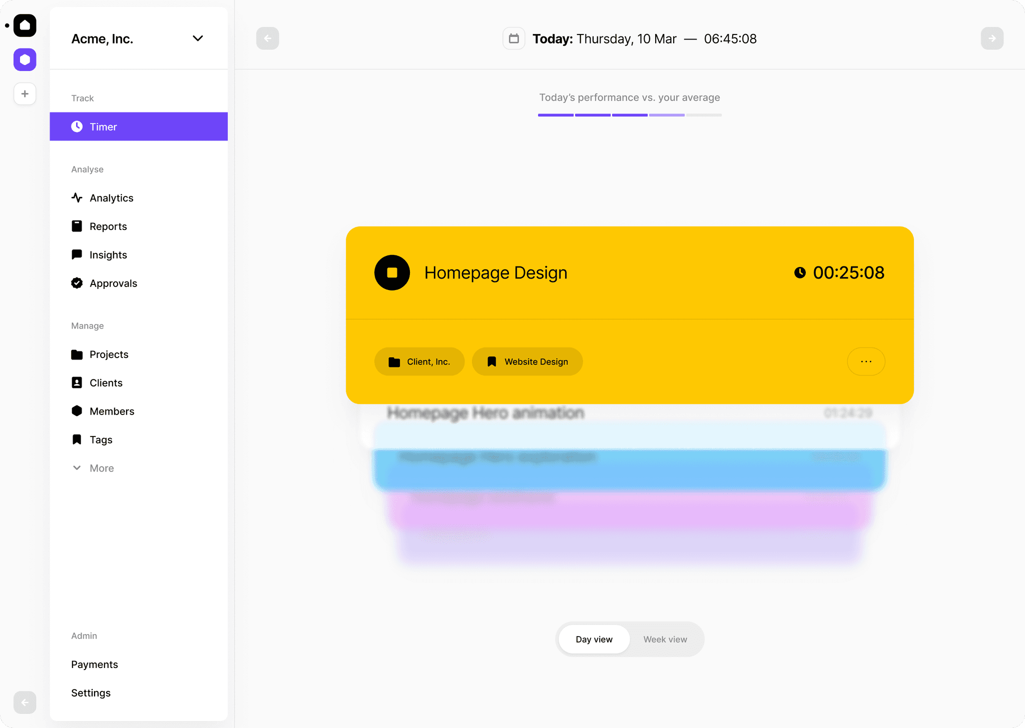Pluma time tracking app showing a Homepage Design timer