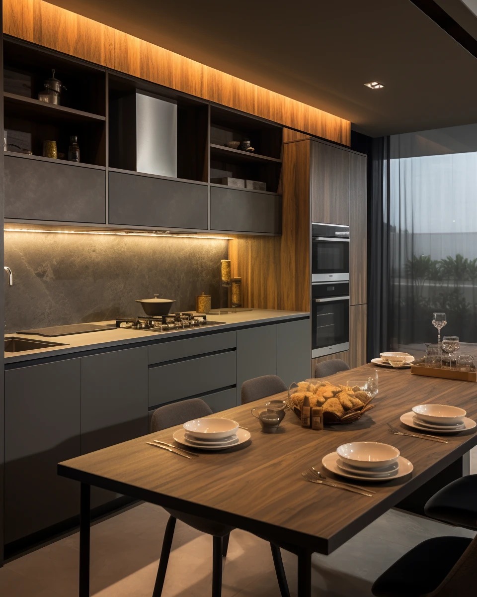 Modern kitchen with warm wood cabinetry and a dining table