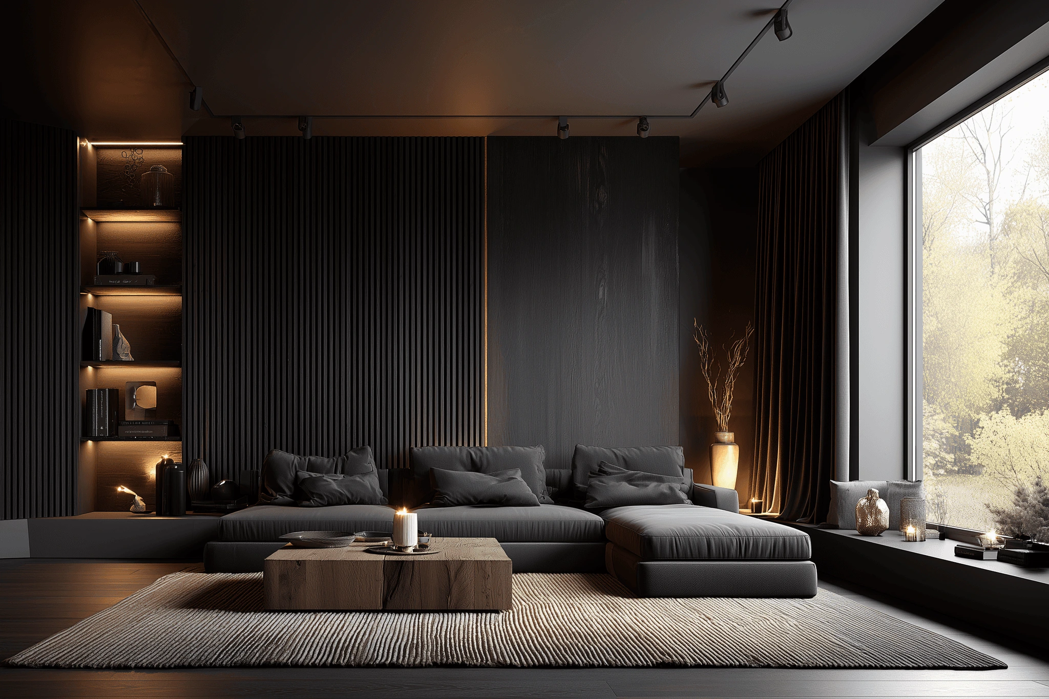 A modern living room with a large window